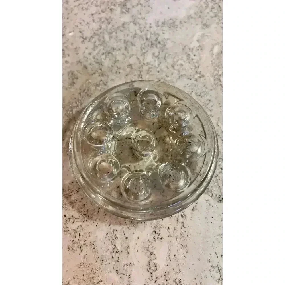 Vintage Clear Heavy Glass Round Flower‎ Frog 9 Holes Stem Holder Arranging Base
